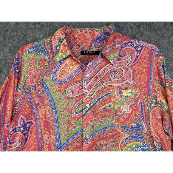 Lauren Ralph Lauren Womens Button Up Shirt Floral Paisley Black Label Tunic Sz L - Picture 2 of 11